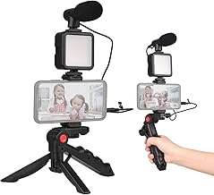 Andoer Smartphone Vlog Kit Mini LED Video Light + Cardioid Microphone + Extendable Phone Clip + Tripod with Adjustable Brightness for Live Stream Vlog Video Shooting Video Conference Selfie