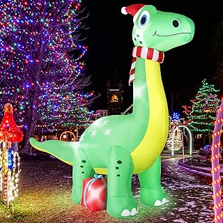 6FT Brachiosaurus Dinosaur Christmas Inflatables Outdoor Decorations, Light Up Inflatable Christmas Blow Up Yard Decorations with Gift Box, Xmas Holiday Decorations for Yard Lawn Garden Patio