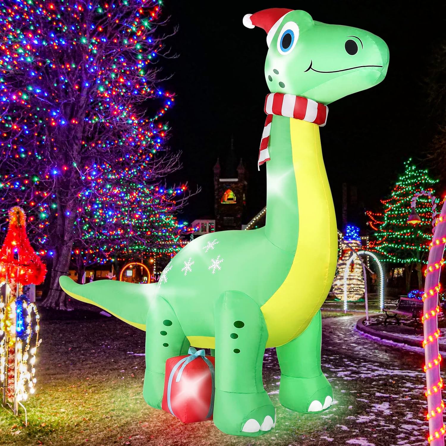 6FT Brachiosaurus Dinosaur Christmas Inflatables Outdoor Decorations, Light Up Inflatable Christmas Blow Up Yard Decorations with Gift Box, Xmas Holiday Decorations for Yard Lawn Garden Patio-0