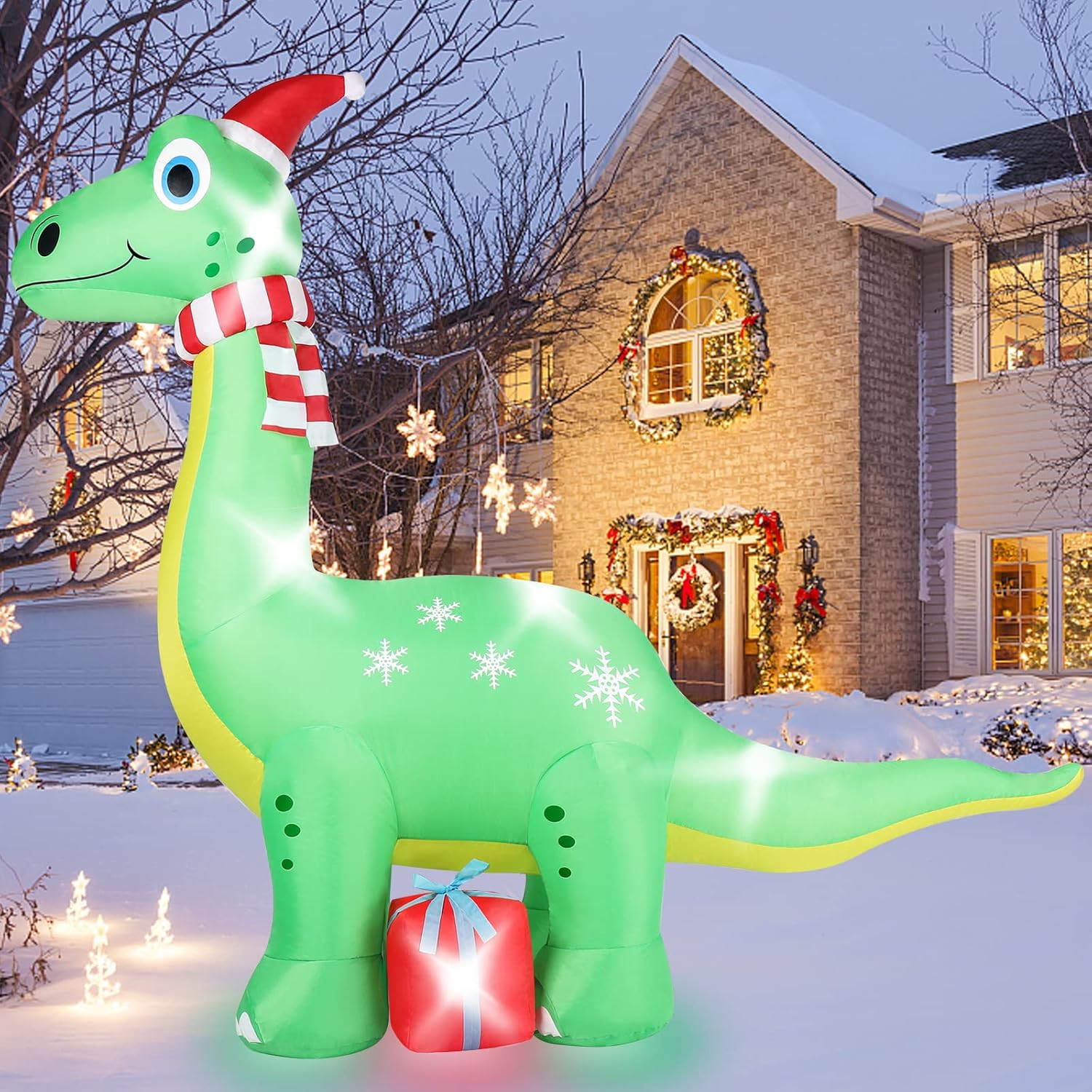 6FT Brachiosaurus Dinosaur Christmas Inflatables Outdoor Decorations, Light Up Inflatable Christmas Blow Up Yard Decorations with Gift Box, Xmas Holiday Decorations for Yard Lawn Garden Patio-1