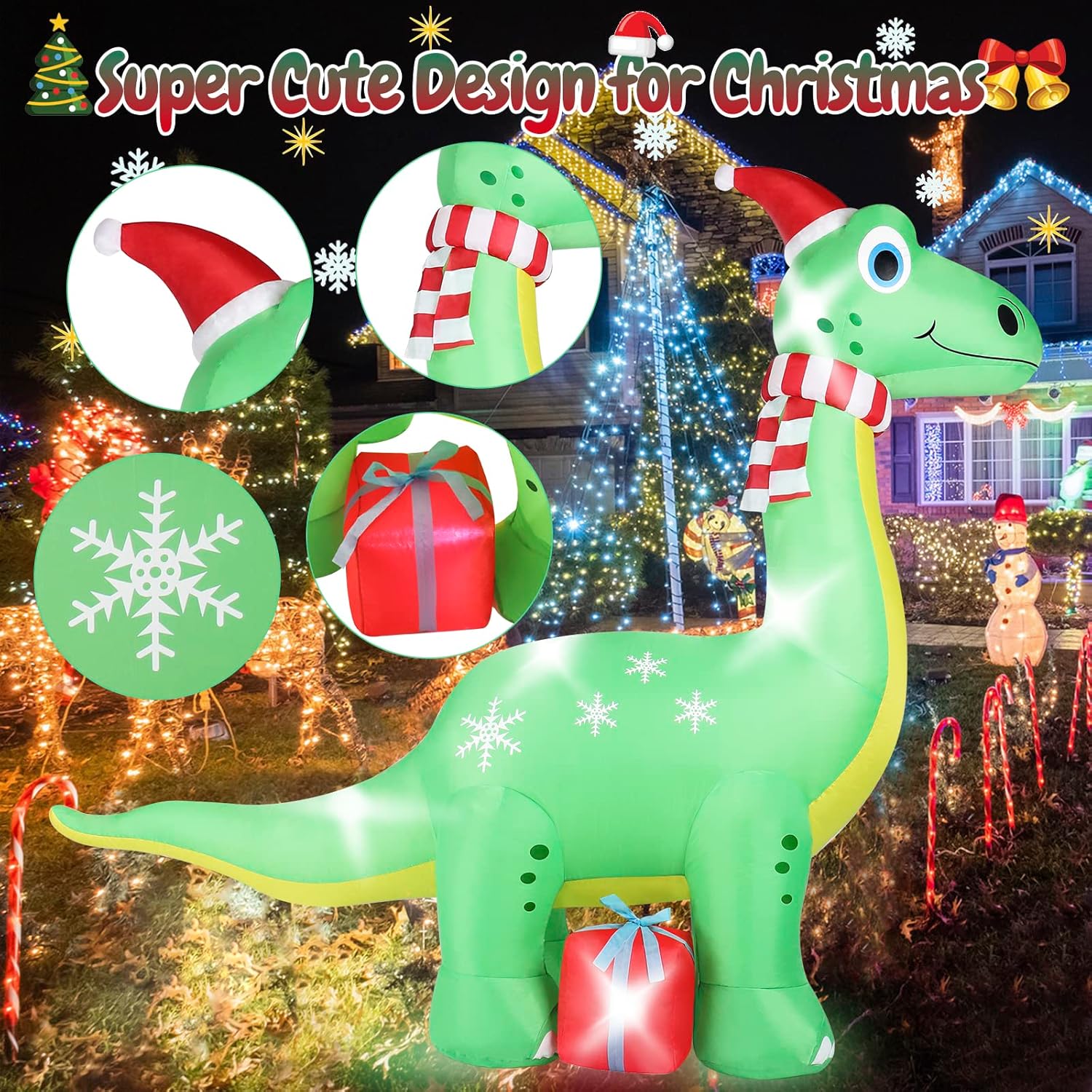 6FT Brachiosaurus Dinosaur Christmas Inflatables Outdoor Decorations, Light Up Inflatable Christmas Blow Up Yard Decorations with Gift Box, Xmas Holiday Decorations for Yard Lawn Garden Patio-2