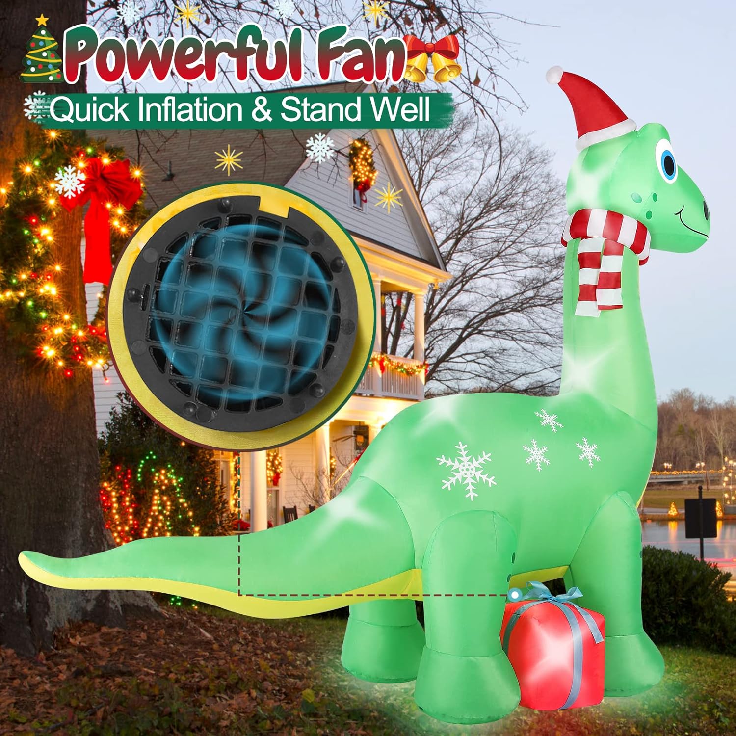 6FT Brachiosaurus Dinosaur Christmas Inflatables Outdoor Decorations, Light Up Inflatable Christmas Blow Up Yard Decorations with Gift Box, Xmas Holiday Decorations for Yard Lawn Garden Patio-3