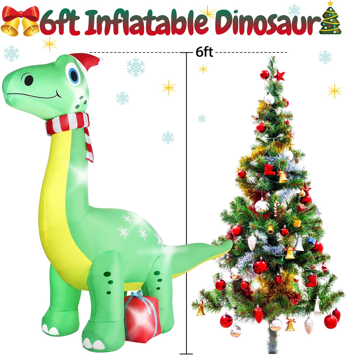 6FT Brachiosaurus Dinosaur Christmas Inflatables Outdoor Decorations, Light Up Inflatable Christmas Blow Up Yard Decorations with Gift Box, Xmas Holiday Decorations for Yard Lawn Garden Patio-4