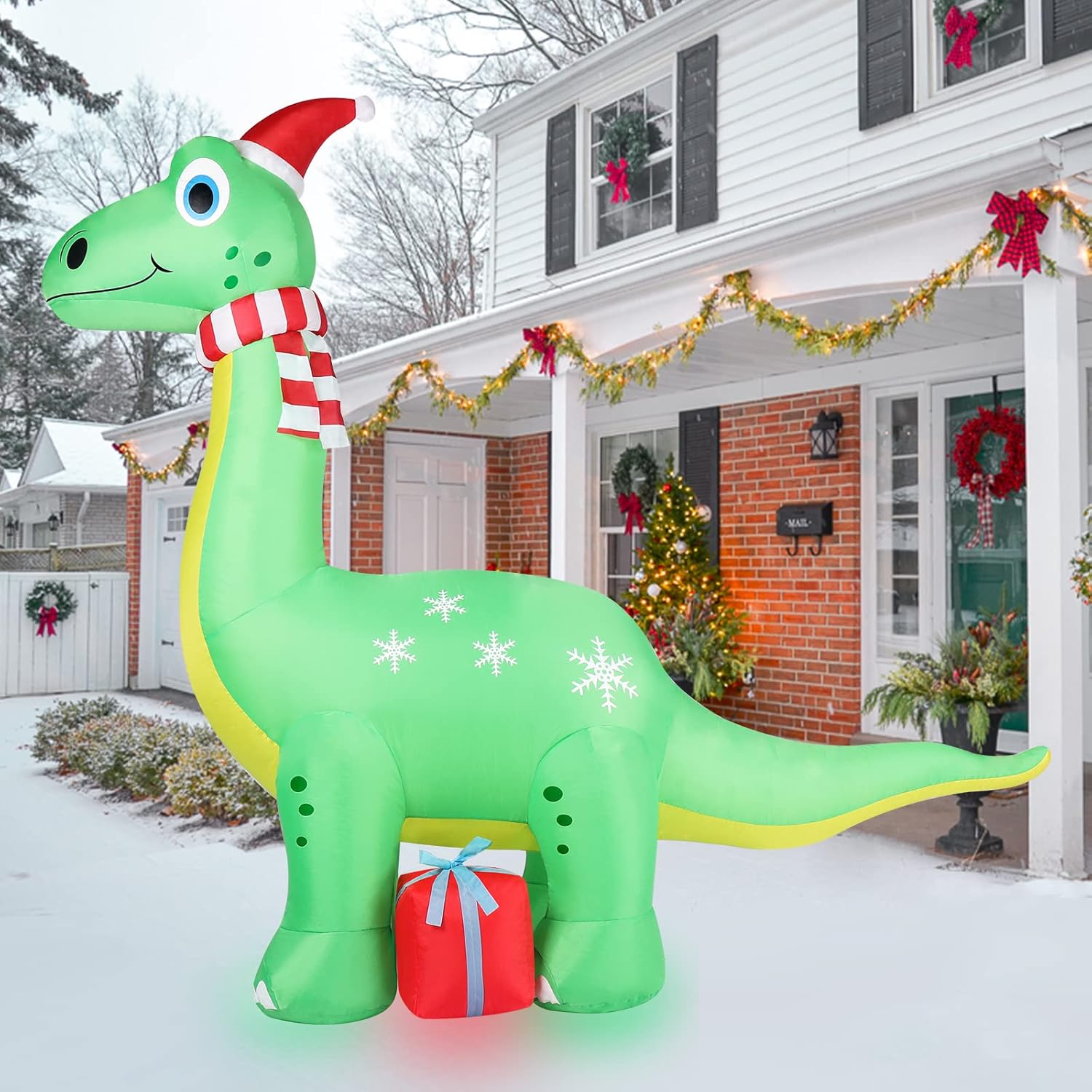 6FT Brachiosaurus Dinosaur Christmas Inflatables Outdoor Decorations, Light Up Inflatable Christmas Blow Up Yard Decorations with Gift Box, Xmas Holiday Decorations for Yard Lawn Garden Patio-5