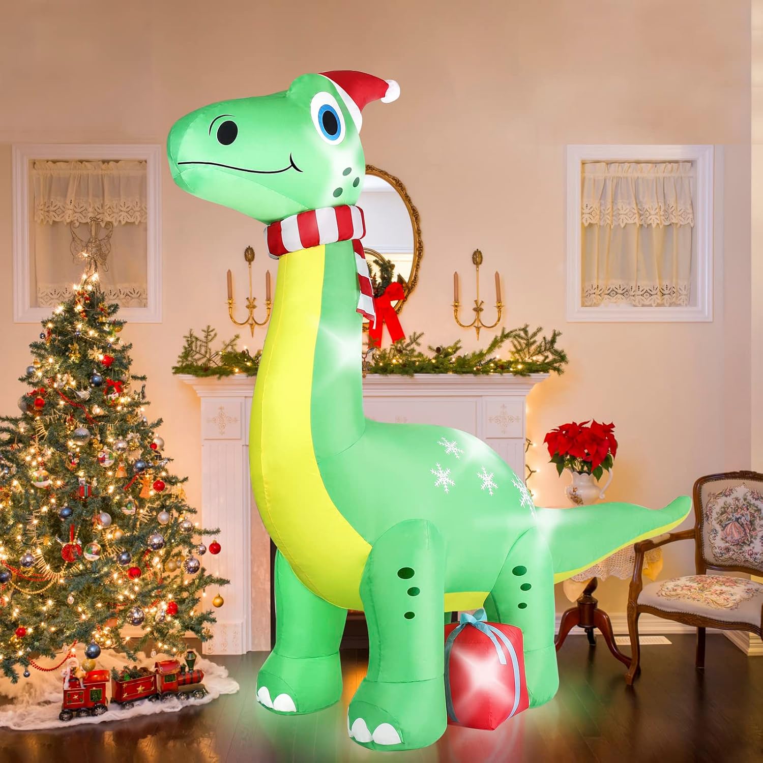 6FT Brachiosaurus Dinosaur Christmas Inflatables Outdoor Decorations, Light Up Inflatable Christmas Blow Up Yard Decorations with Gift Box, Xmas Holiday Decorations for Yard Lawn Garden Patio-6