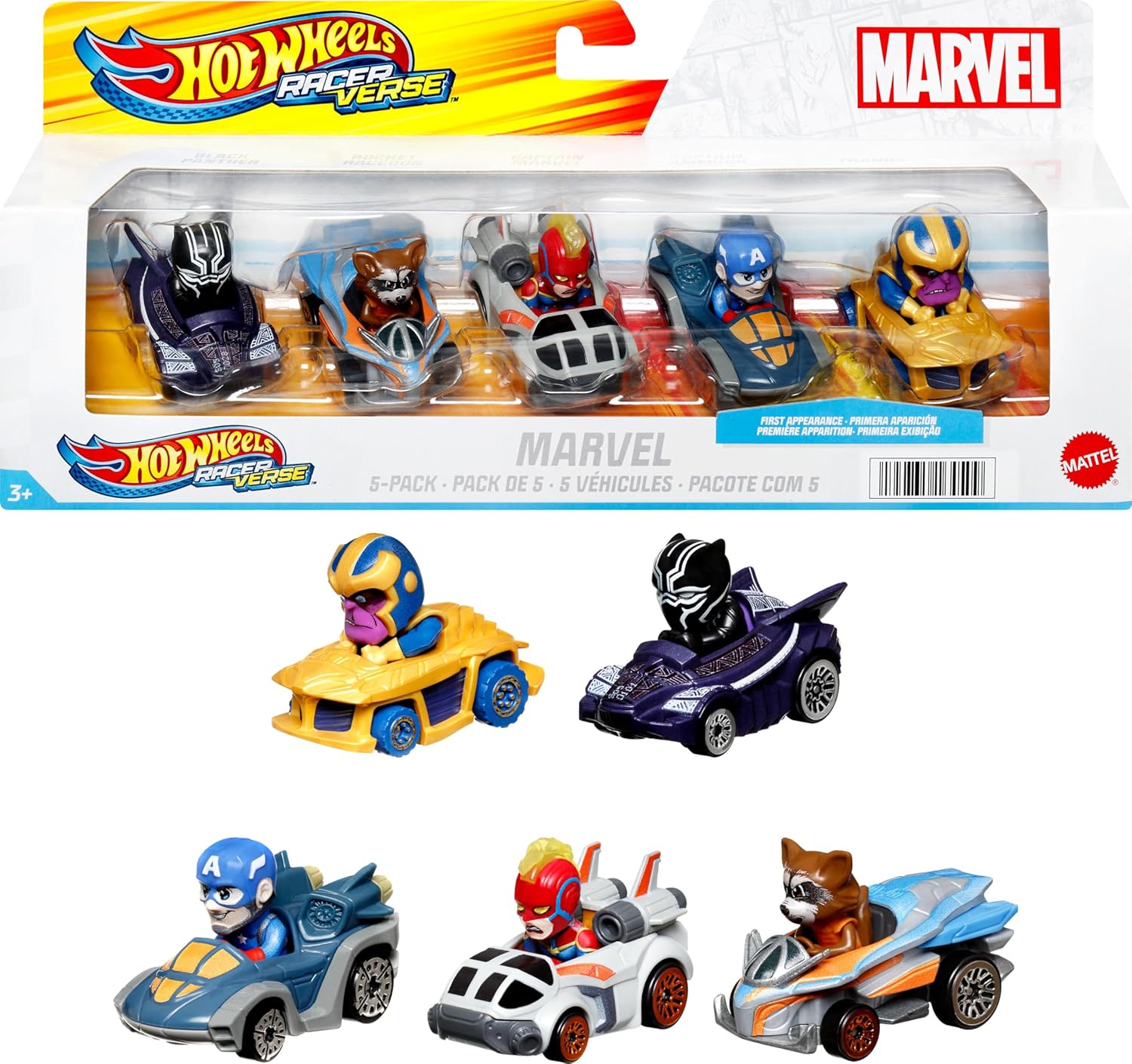 Hot Wheels Marvel RacerVerse 5-Pack of Die-Cast 1:64 Scale Toy Cars with Character Drivers, Use On or Off Hot Wheels Track-0