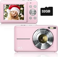 Digital Camera 1080P 44MP Kids Camera Digital Point and Shoot Camera with 32GB Memory Card,16X Zoom Vlogging Camera for Children Boys Girls Students, Pink