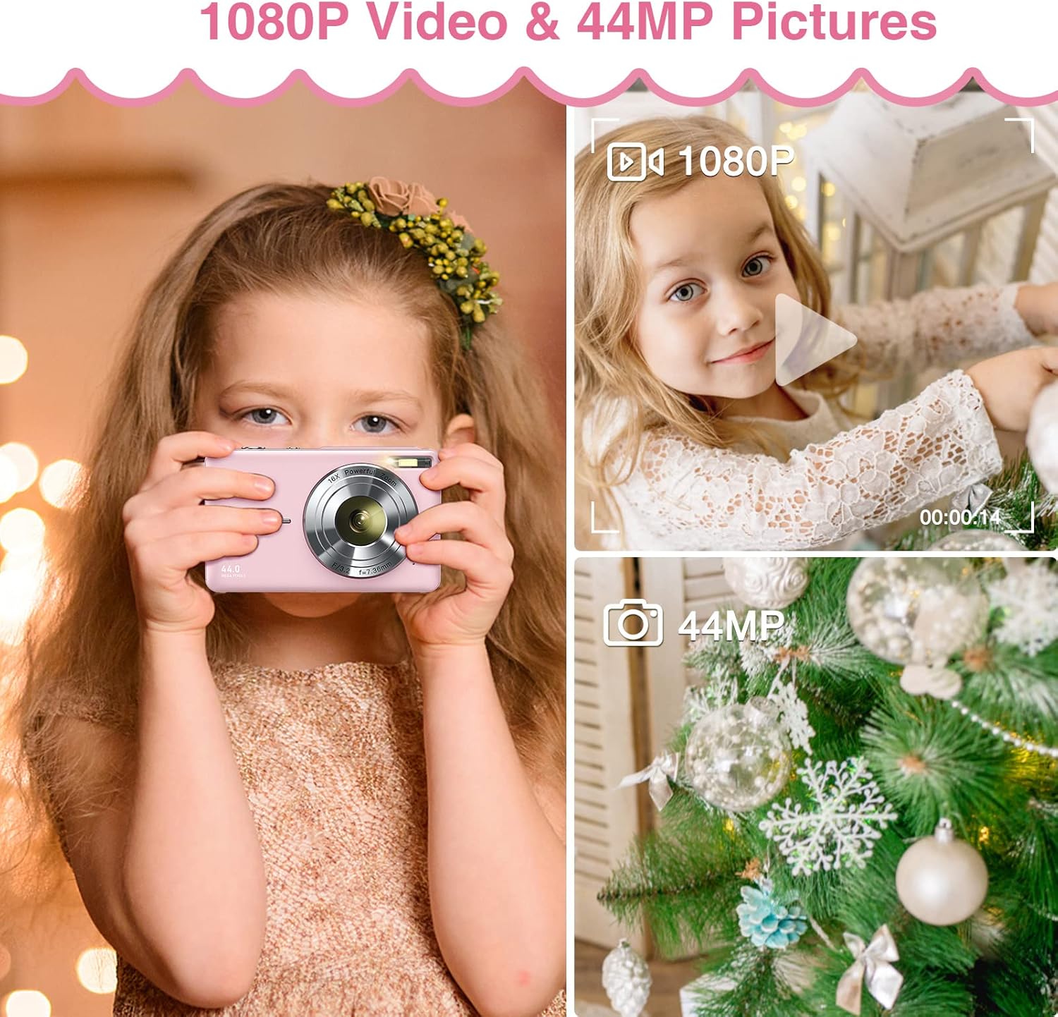 Digital Camera 1080P 44MP Kids Camera Digital Point and Shoot Camera with 32GB Memory Card,16X Zoom Vlogging Camera for Children Boys Girls Students, Pink-1