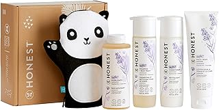 The Honest Company Lavender Bathtime Essentials Bundle | Shampoo + Body Wash, Conditioner, Face + Body Lotion, Bubble Bath, Panda Bath Mitt | Naturally Derived, Tear-Free, Hypoallergenic