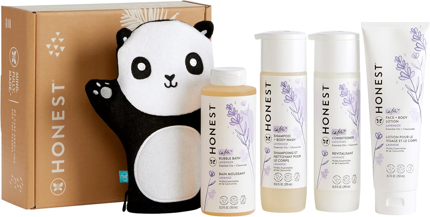 The Honest Company Lavender Bathtime Essentials Bundle | Shampoo + Body Wash, Conditioner, Face + Body Lotion, Bubble Bath, Panda Bath Mitt | Naturally Derived, Tear-Free, Hypoallergenic-0