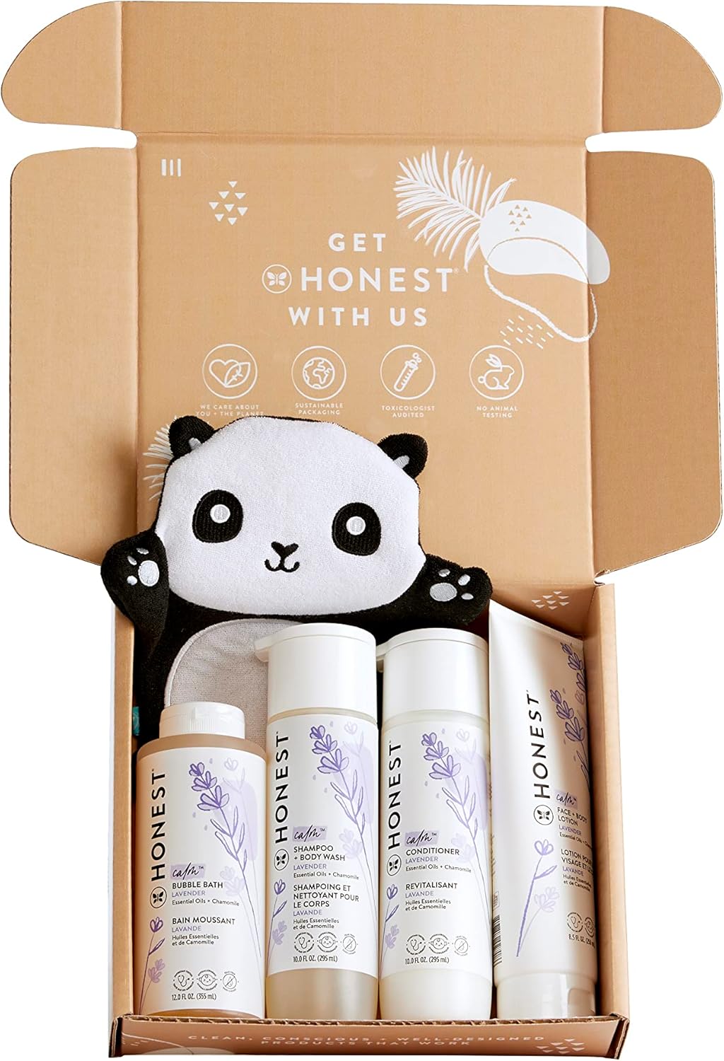 The Honest Company Lavender Bathtime Essentials Bundle | Shampoo + Body Wash, Conditioner, Face + Body Lotion, Bubble Bath, Panda Bath Mitt | Naturally Derived, Tear-Free, Hypoallergenic-1