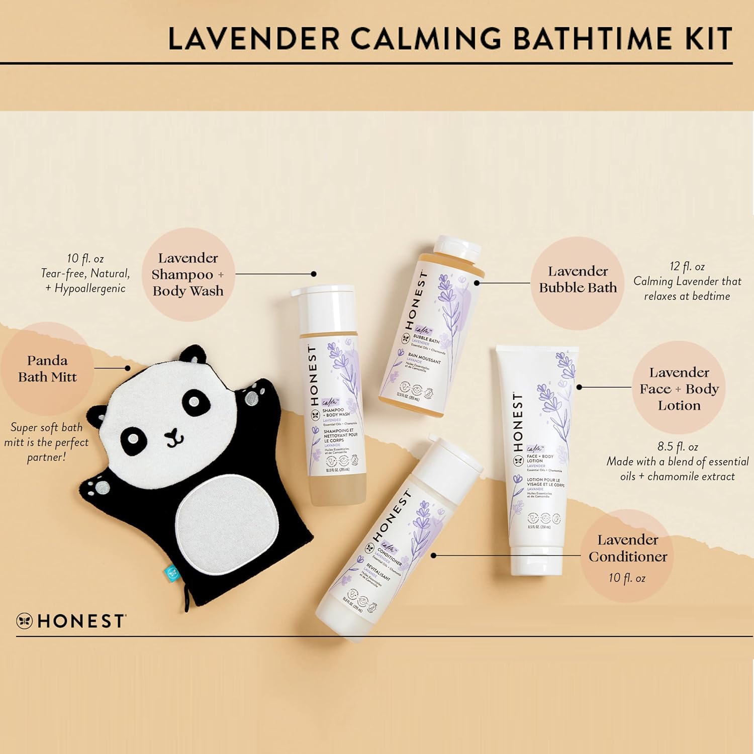 The Honest Company Lavender Bathtime Essentials Bundle | Shampoo + Body Wash, Conditioner, Face + Body Lotion, Bubble Bath, Panda Bath Mitt | Naturally Derived, Tear-Free, Hypoallergenic-2