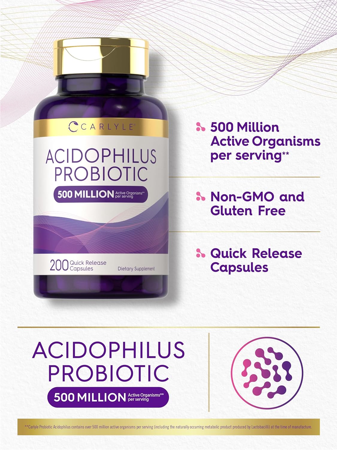 Carlyle Acidophilus Probiotic | 500 Million CFU | 200 Capsules Non-GMO & Gluten Free | Probiotic for Men & for Women-3