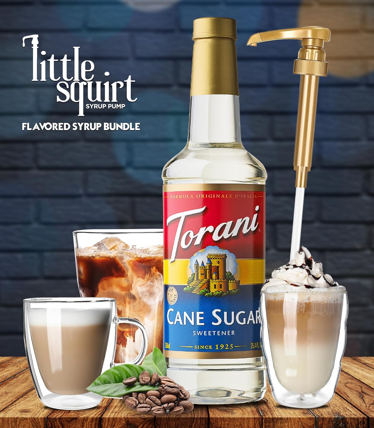 Cane Sugar Syrup Sweetener 25.4 Ounces, Torani Cane Sugar with Little Squirt Syrup Pump-1