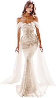 TIRAS Mermaid Wedding Dresses for Women 2024 Off Shoulder Sequin Evening Formal Gown with Detachable Train CM147