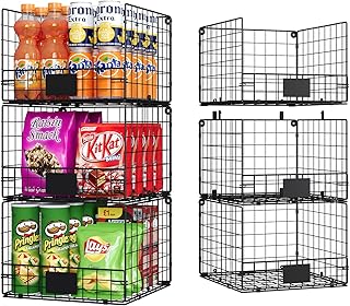 Sonyabecca Stackable Wire Baskets for Pantry Organizer and Storage, Food Packet Storage with Nameplate Toys Organizers for Kid’s Room Metal Pantry Storage Baskets for Snack Cans