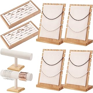 Marsui 8 Pcs Bamboo Jewelry Display Holder Set, Include T Bar Bracelet Display Stand Necklace Tabletop Display Boards Ring Earrings Tray Easels for Jewelry Collection Selling Shows (Beige)