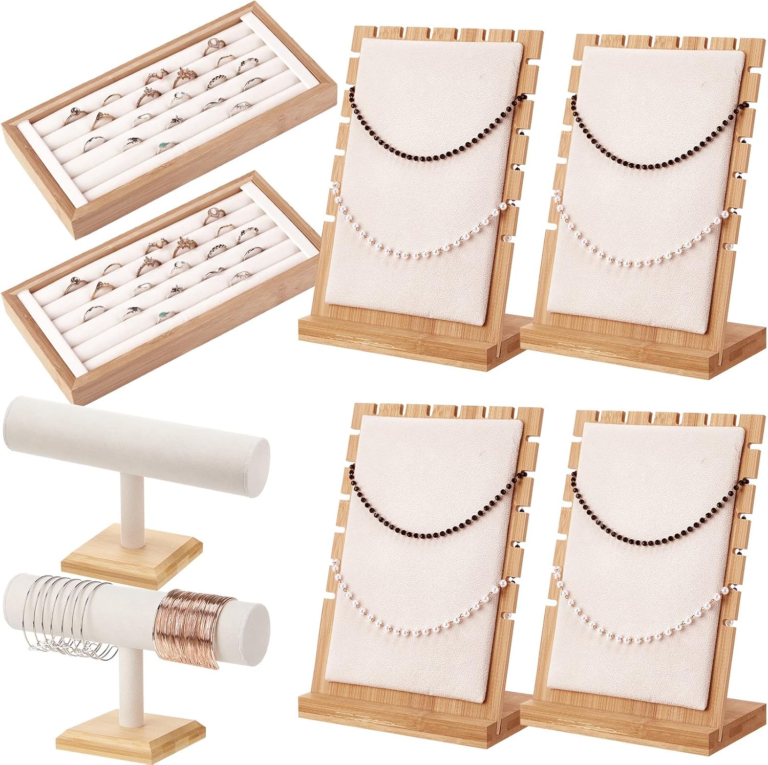 Marsui 8 Pcs Bamboo Jewelry Display Holder Set, Include T Bar Bracelet Display Stand Necklace Tabletop Display Boards Ring Earrings Tray Easels for Jewelry Collection Selling Shows (Beige)-0