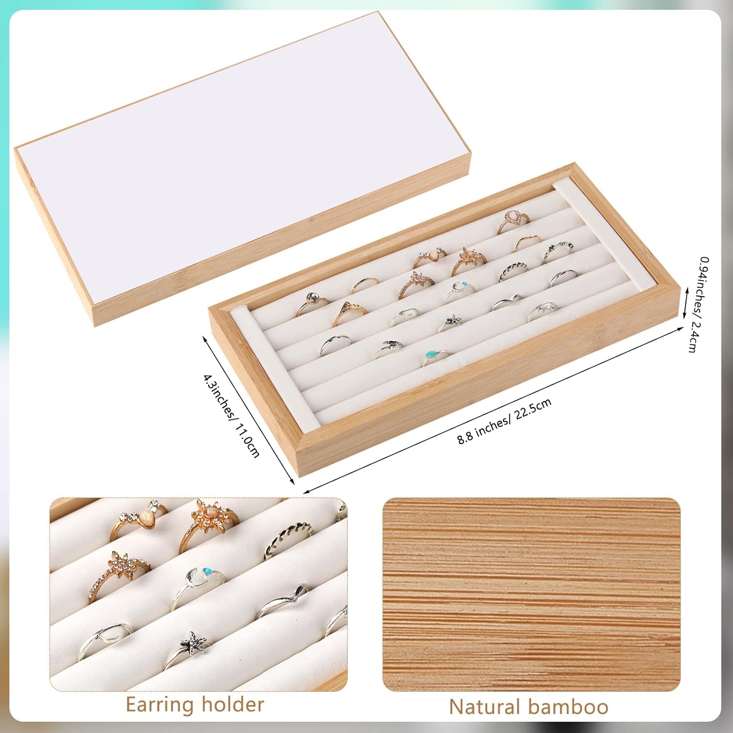 Marsui 8 Pcs Bamboo Jewelry Display Holder Set, Include T Bar Bracelet Display Stand Necklace Tabletop Display Boards Ring Earrings Tray Easels for Jewelry Collection Selling Shows (Beige)-2