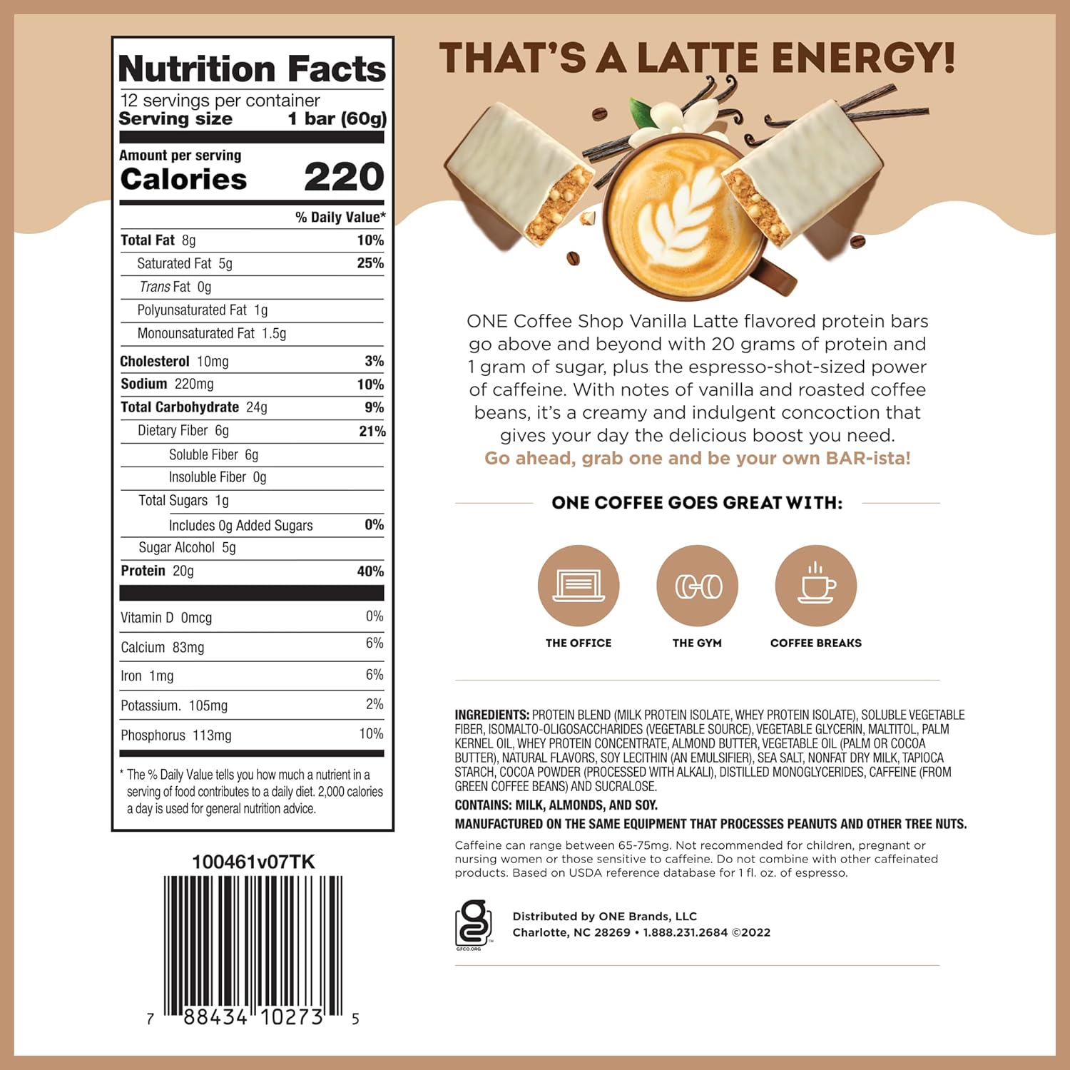 ONE Coffee Shop Caffeinated Protein Bars, Vanilla Latte, Gluten Free with 20g Protein and 65mg of Caffeine Energy, Pantry Staples, 2.12 oz (12 Count)-5