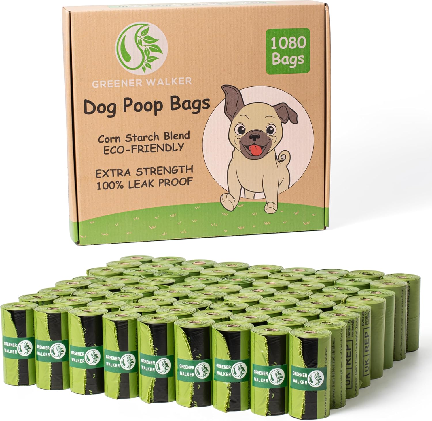 GREENER WALKER Poop Bags for Dog Waste, 1080 Doggy Waste Bags Extra Thick Strong 100% Leak-Proof (Green)-0