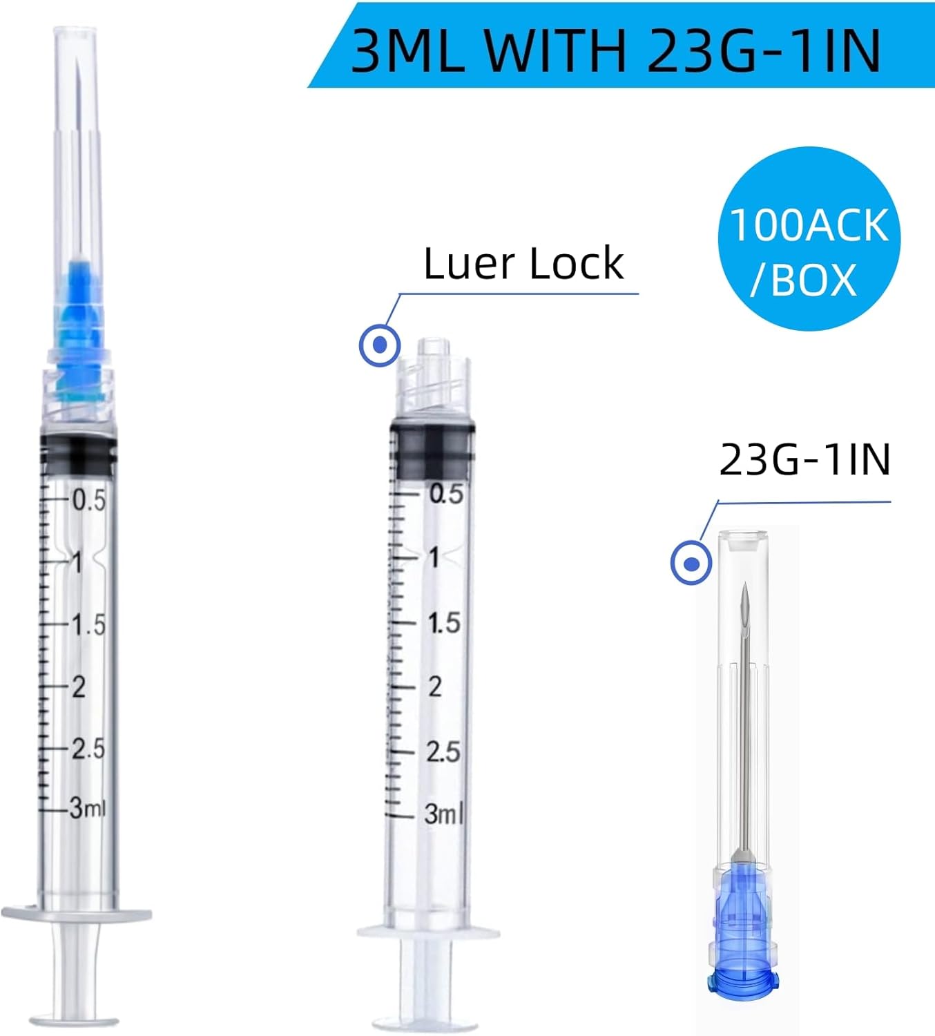 100 Pack Disposable 3ml/cc Lab Syringes with 23Ga 1 Inch Needle Luer Lock, Individually Sealed Packed-1