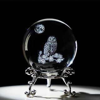 HDCRYSTALGIFTS 60mm 3D Laser Crystal Ball Paperweight OWL Figurines Glass Sphere Decorative Balls with Stand Gift