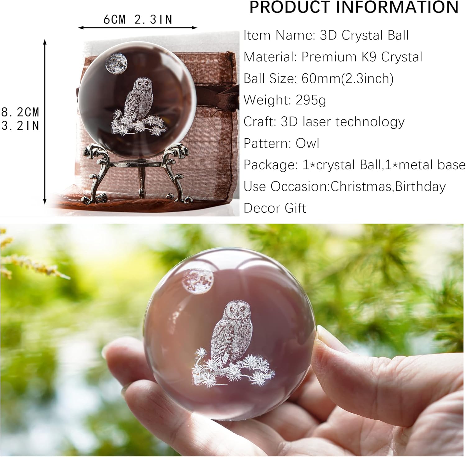 HDCRYSTALGIFTS 60mm 3D Laser Crystal Ball Paperweight OWL Figurines Glass Sphere Decorative Balls with Stand Gift-1