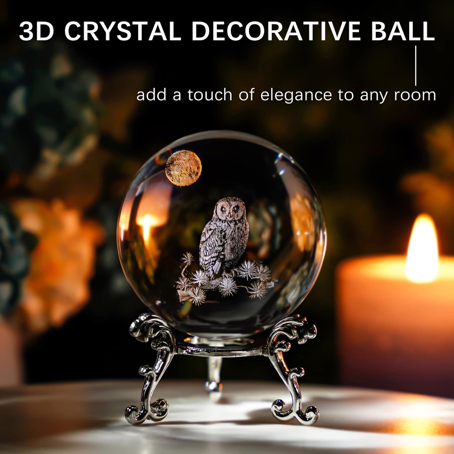 HDCRYSTALGIFTS 60mm 3D Laser Crystal Ball Paperweight OWL Figurines Glass Sphere Decorative Balls with Stand Gift-2