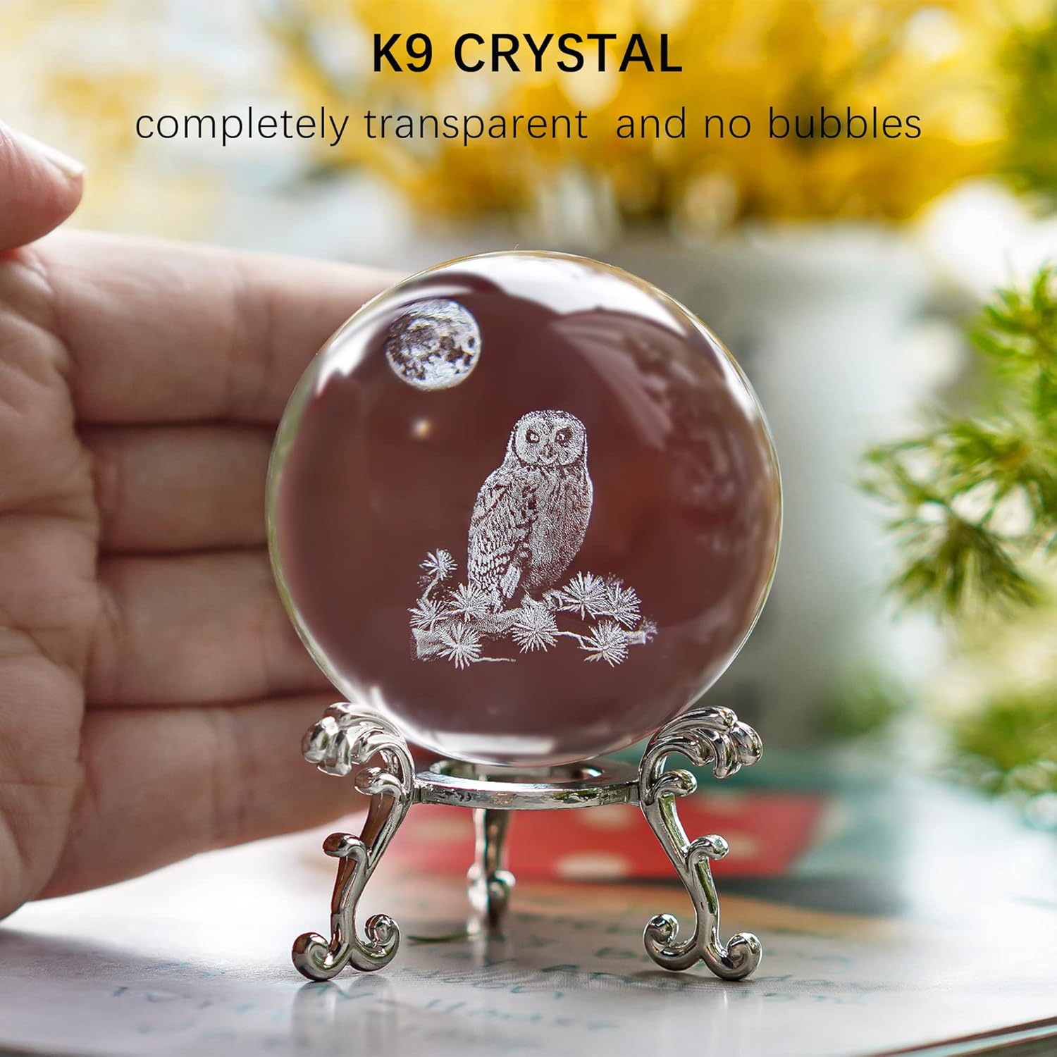 HDCRYSTALGIFTS 60mm 3D Laser Crystal Ball Paperweight OWL Figurines Glass Sphere Decorative Balls with Stand Gift-3