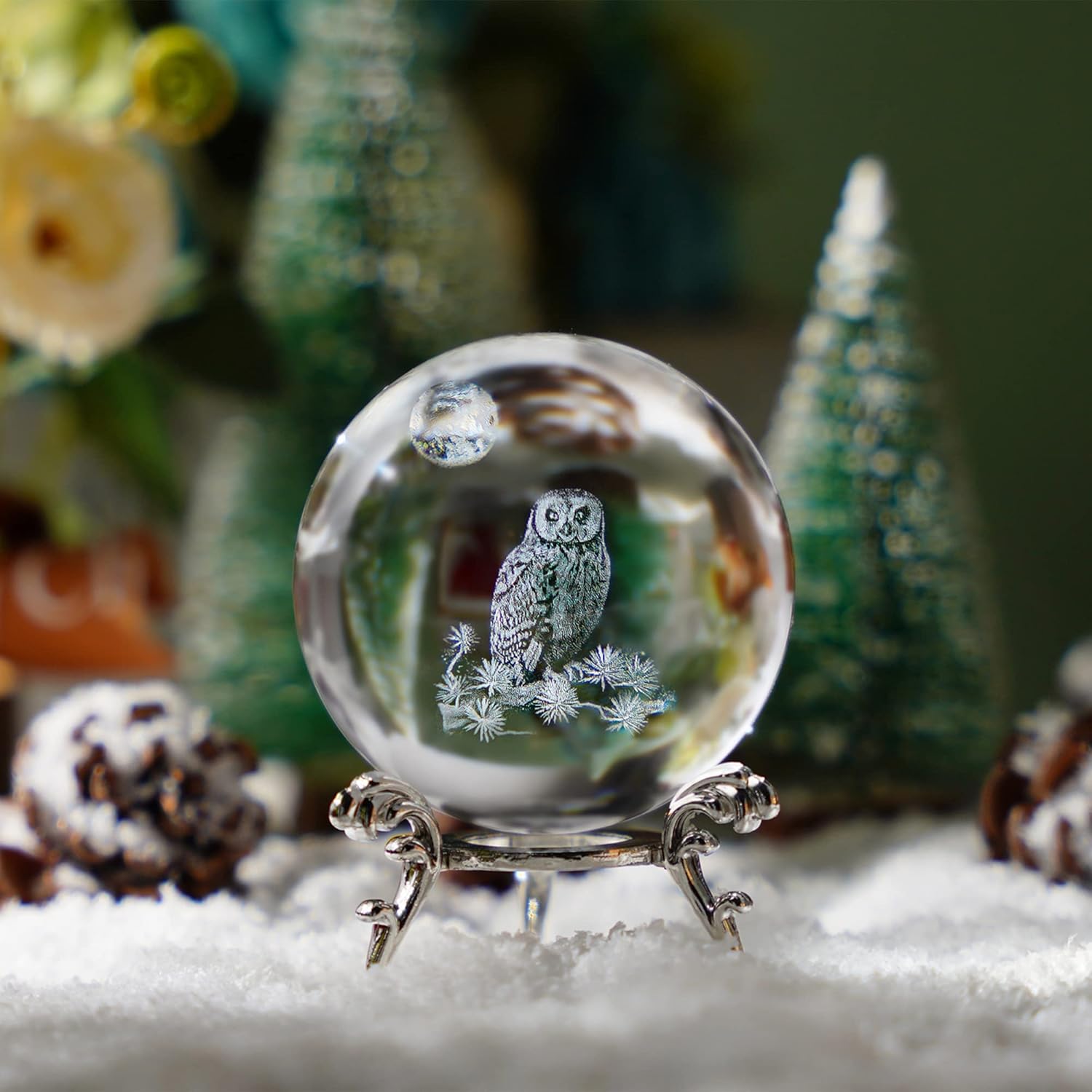 HDCRYSTALGIFTS 60mm 3D Laser Crystal Ball Paperweight OWL Figurines Glass Sphere Decorative Balls with Stand Gift-4