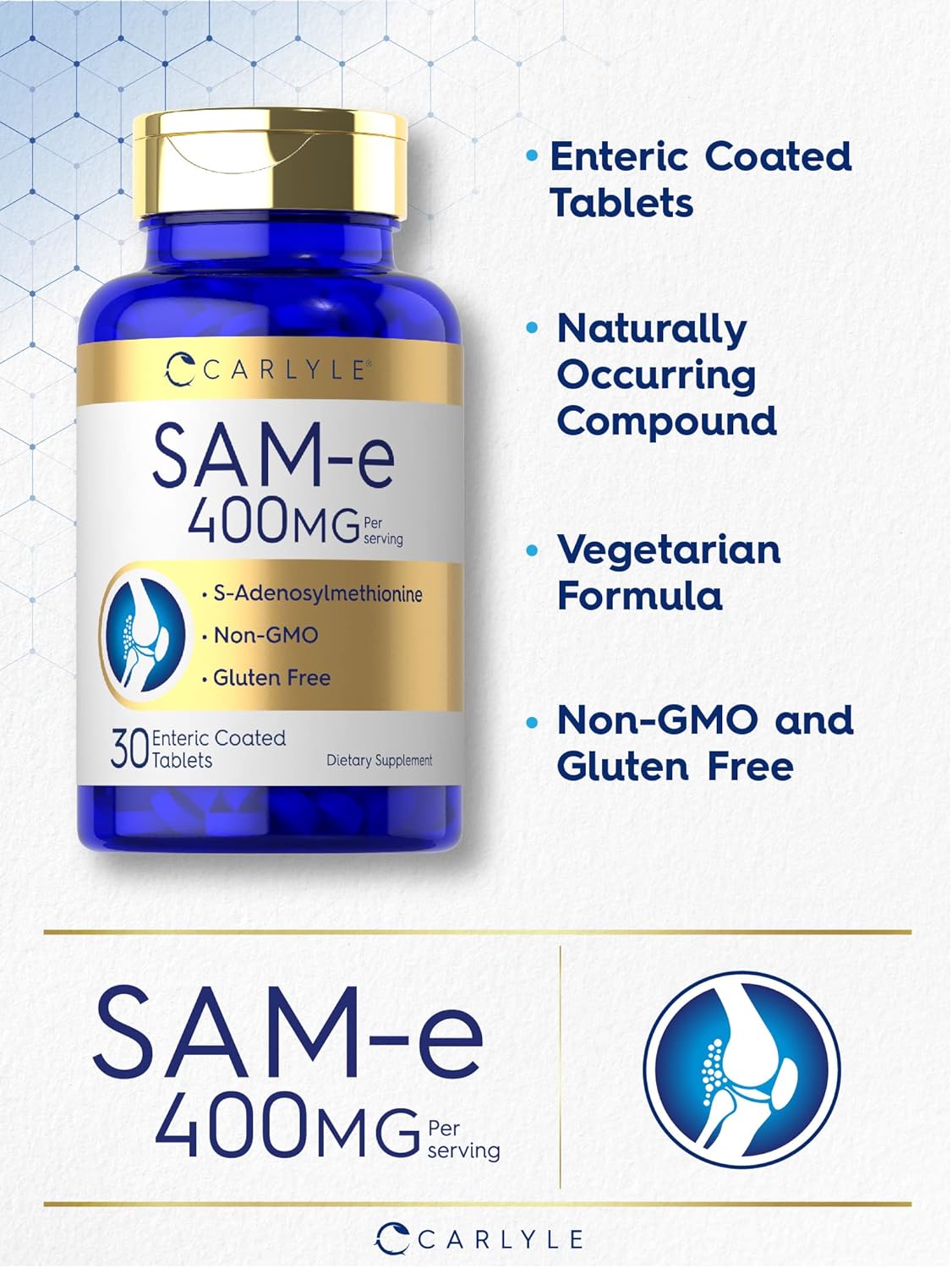 Carlyle SAM-e 400mg Supplement | 30 Tablets | S-Adenosyl Methionine Pills | Vegetarian, Non-GMO, Gluten Free-2