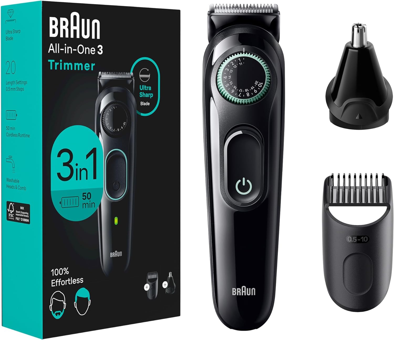 Braun All-In-One Style Kit Series 3 3430, 3-in-1 Trimmer for Men with Beard Trimmer, Ear & Nose Trimmer, Hair Clippers, Ultra-Sharp Blade, 20 Length Settings, Washable-0