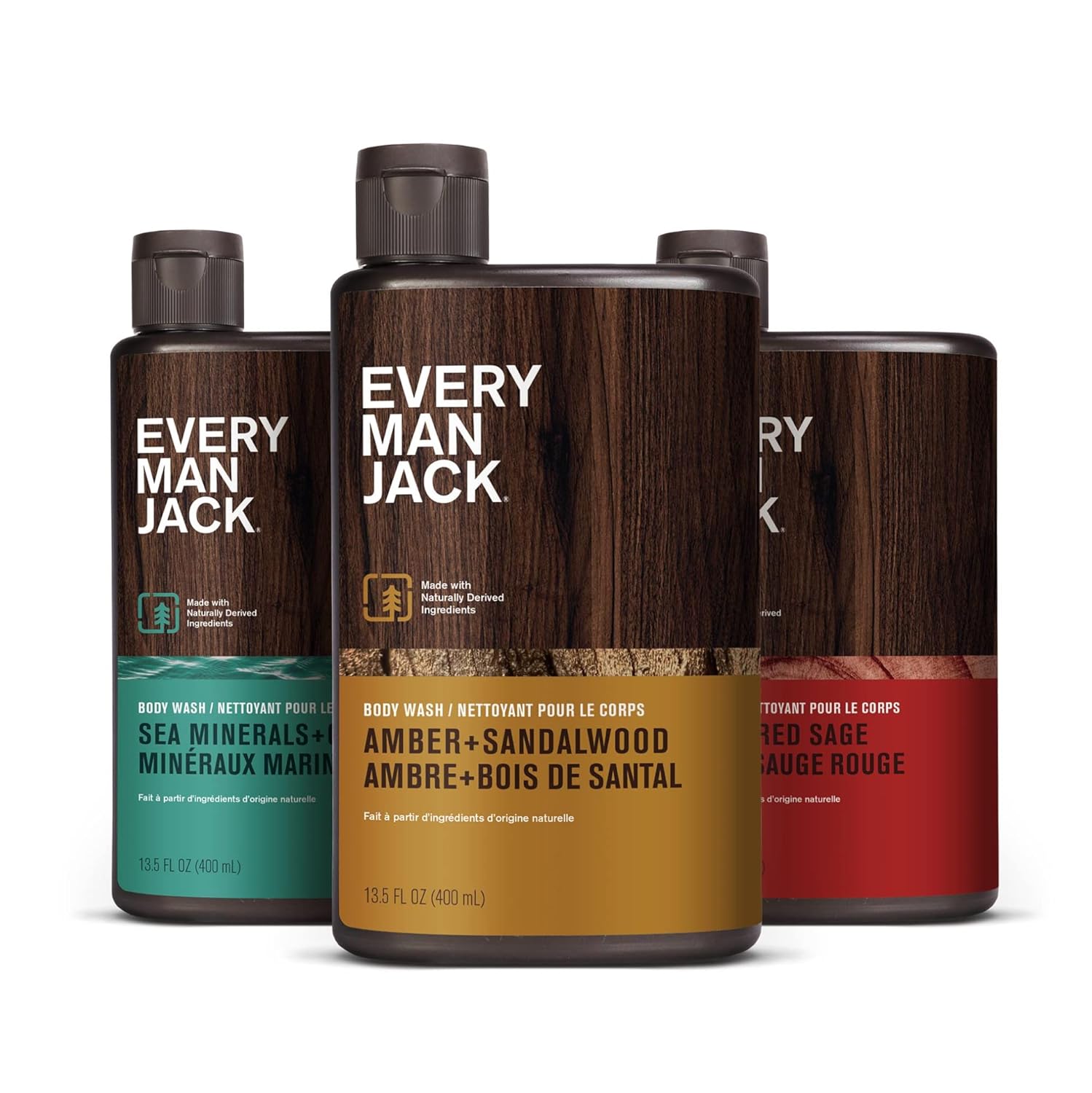 Every Man Jack Men's Body Wash Variety Pack - Includes 3 Body Washes with Natural Ingredients & Incredible Scents - Amber + Sandalwood, Cedar + Red Sage, Sea Minerals + Citron Fragrances (3 Pack)-0