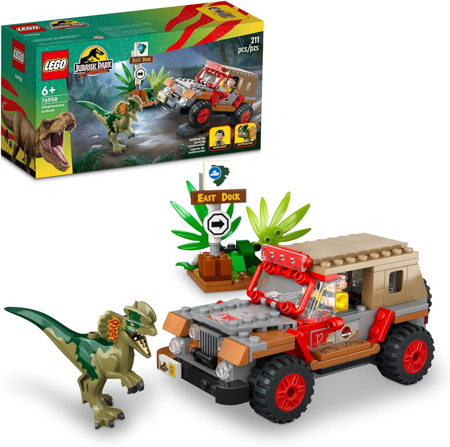 LEGO Jurassic Park Dilophosaurus Ambush 76958 Building Toy Set for Jurassic Park 30th Anniversary, Dinosaur Toy with Dino Figure and Jeep Car Toy; Gift Idea for Grandchildren and Kids Ages 6 and Up-0