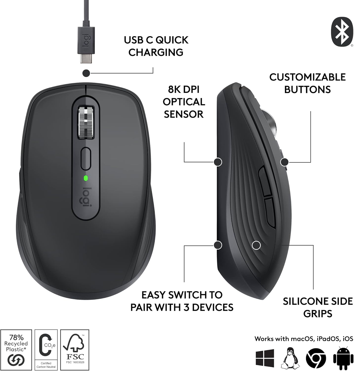 Logitech MX Anywhere 3S Compact Wireless Mouse, Fast Scrolling, 8K DPI Tracking, Quiet Clicks, USB C, Bluetooth, Windows PC, Linux, Chrome, Mac - Graphite-6