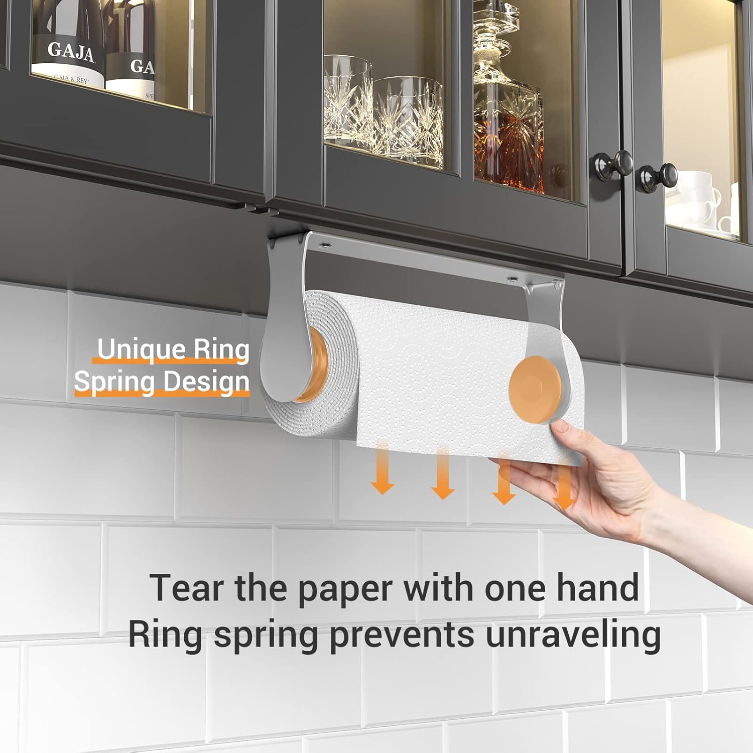 Paper Towel Holder, One Hand Tear Paper Towel Holder Under Cabinet with Ring Spring, Stainless Steel Paper Holder Rack Adhesive or Wall Mount for Kitchen Bathroom-1