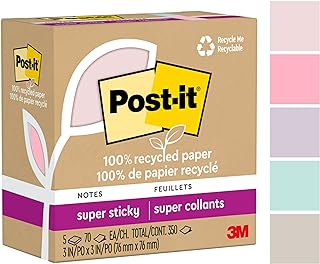 Post-it 100% Recycled Paper Super Sticky Notes 2X The Sticking Power 3x3 in 5 Pads 70 Sheets/Pad Wanderlust Pastels Collection (654R-5SSNRP)