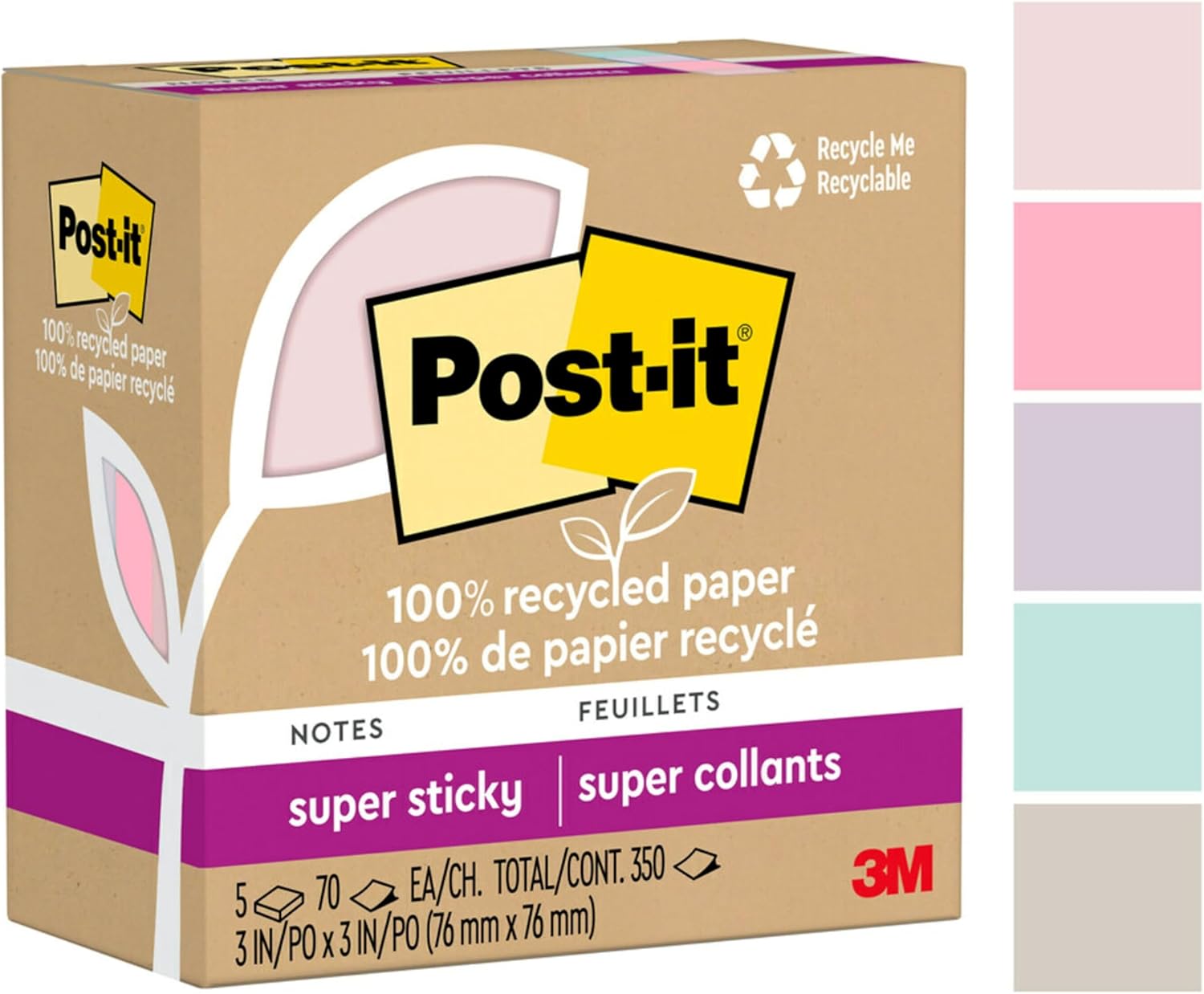 Post-it 100% Recycled Paper Super Sticky Notes 2X The Sticking Power 3x3 in 5 Pads 70 Sheets/Pad Wanderlust Pastels Collection (654R-5SSNRP)-0