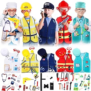 Deekin 5 Sets Kids Dressing up Costumes, Toddler Dressing up and Play for Age 3-7, Construction Worker, Police, Firefighter, Doctor, Surgeon Vest for Boys Girls Pretend Role Accessories