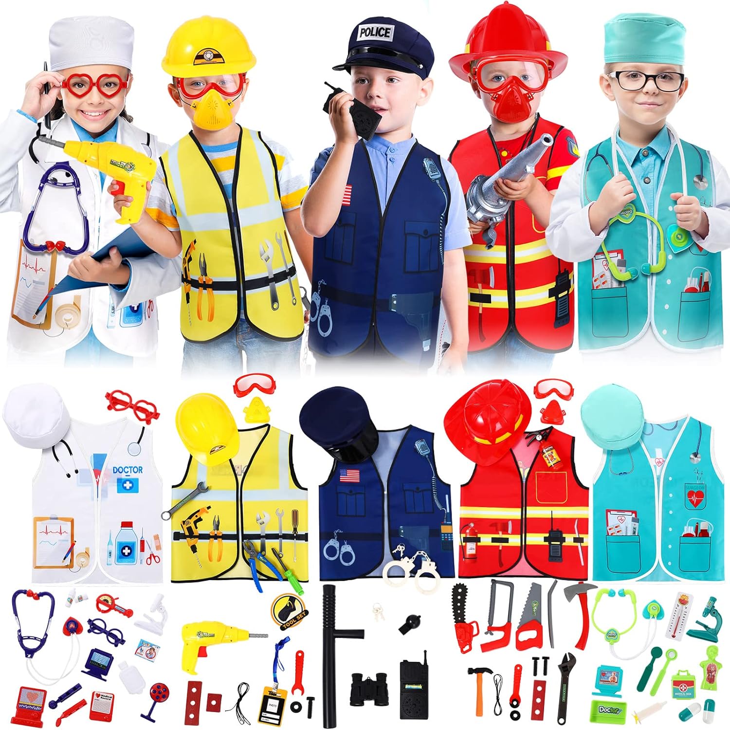 Deekin 5 Sets Kids Dressing up Costumes, Toddler Dressing up and Play for Age 3-7, Construction Worker, Police, Firefighter, Doctor, Surgeon Vest for Boys Girls Pretend Role Accessories-0