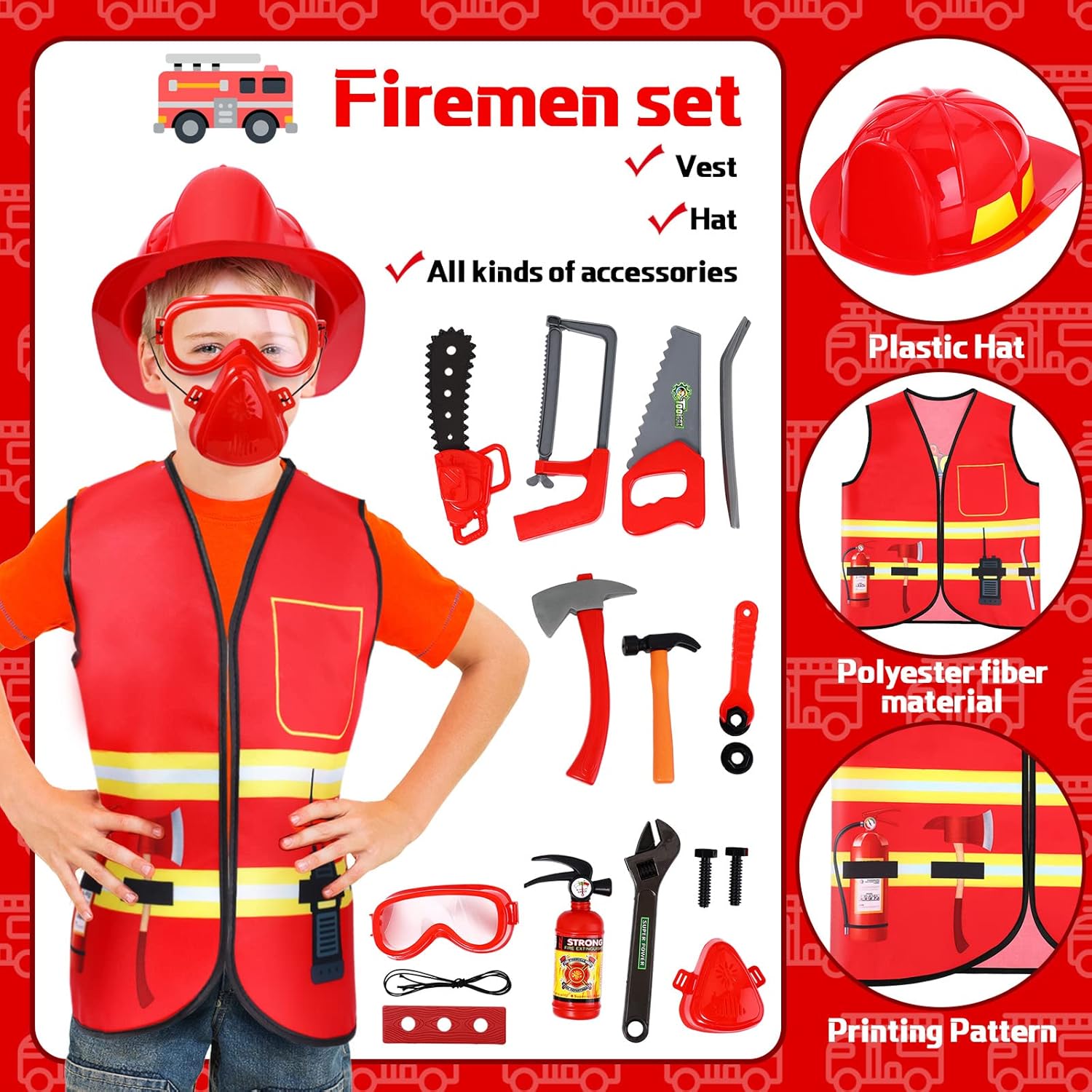 Deekin 5 Sets Kids Dressing up Costumes, Toddler Dressing up and Play for Age 3-7, Construction Worker, Police, Firefighter, Doctor, Surgeon Vest for Boys Girls Pretend Role Accessories-3