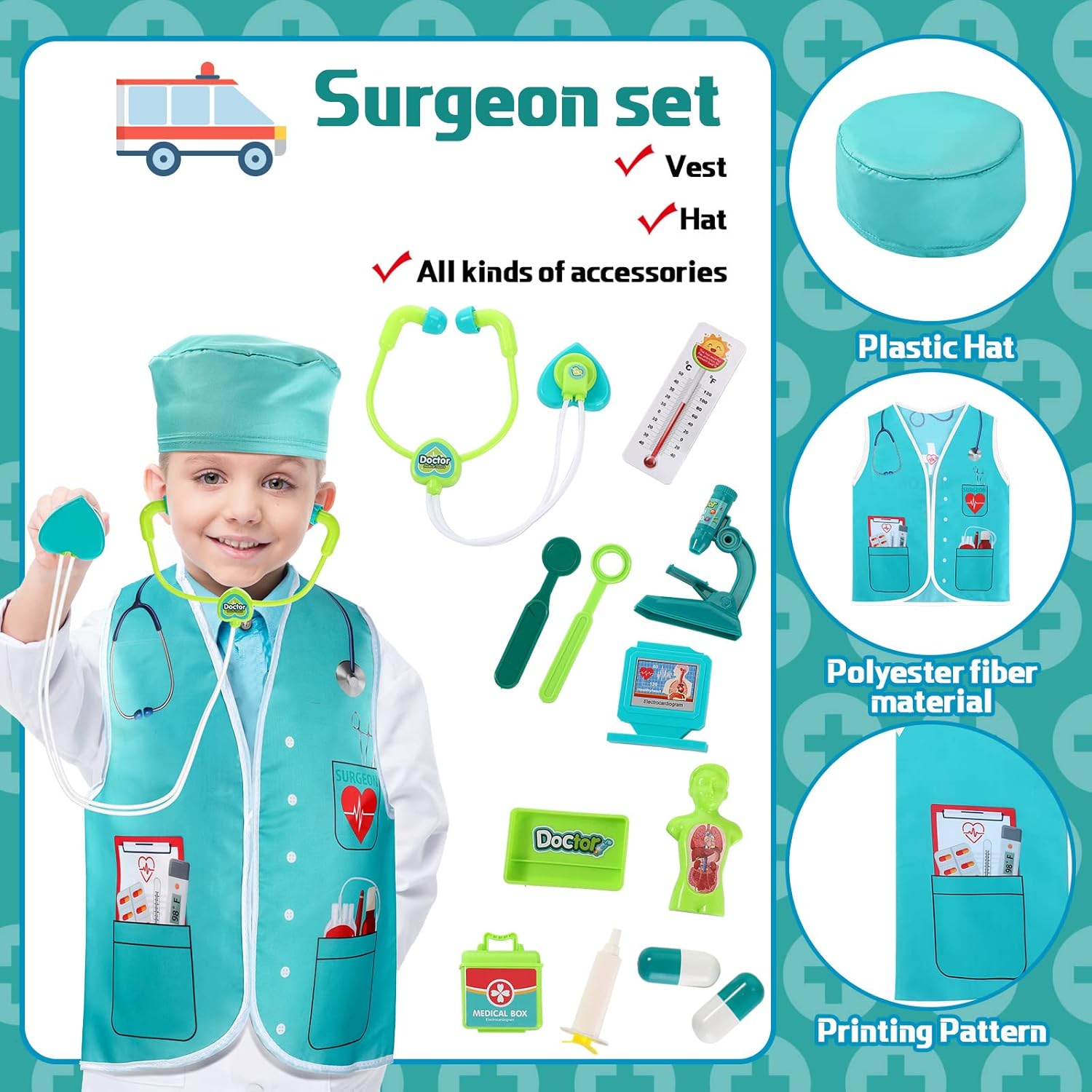 Deekin 5 Sets Kids Dressing up Costumes, Toddler Dressing up and Play for Age 3-7, Construction Worker, Police, Firefighter, Doctor, Surgeon Vest for Boys Girls Pretend Role Accessories-4