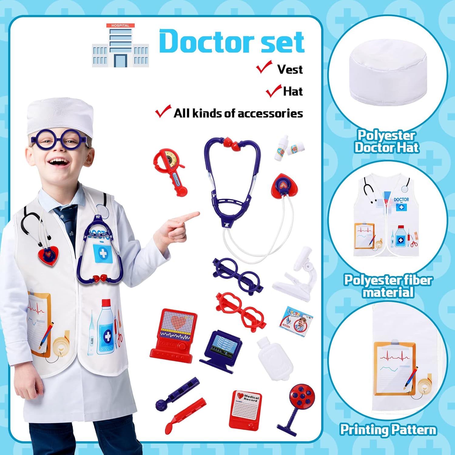 Deekin 5 Sets Kids Dressing up Costumes, Toddler Dressing up and Play for Age 3-7, Construction Worker, Police, Firefighter, Doctor, Surgeon Vest for Boys Girls Pretend Role Accessories-5