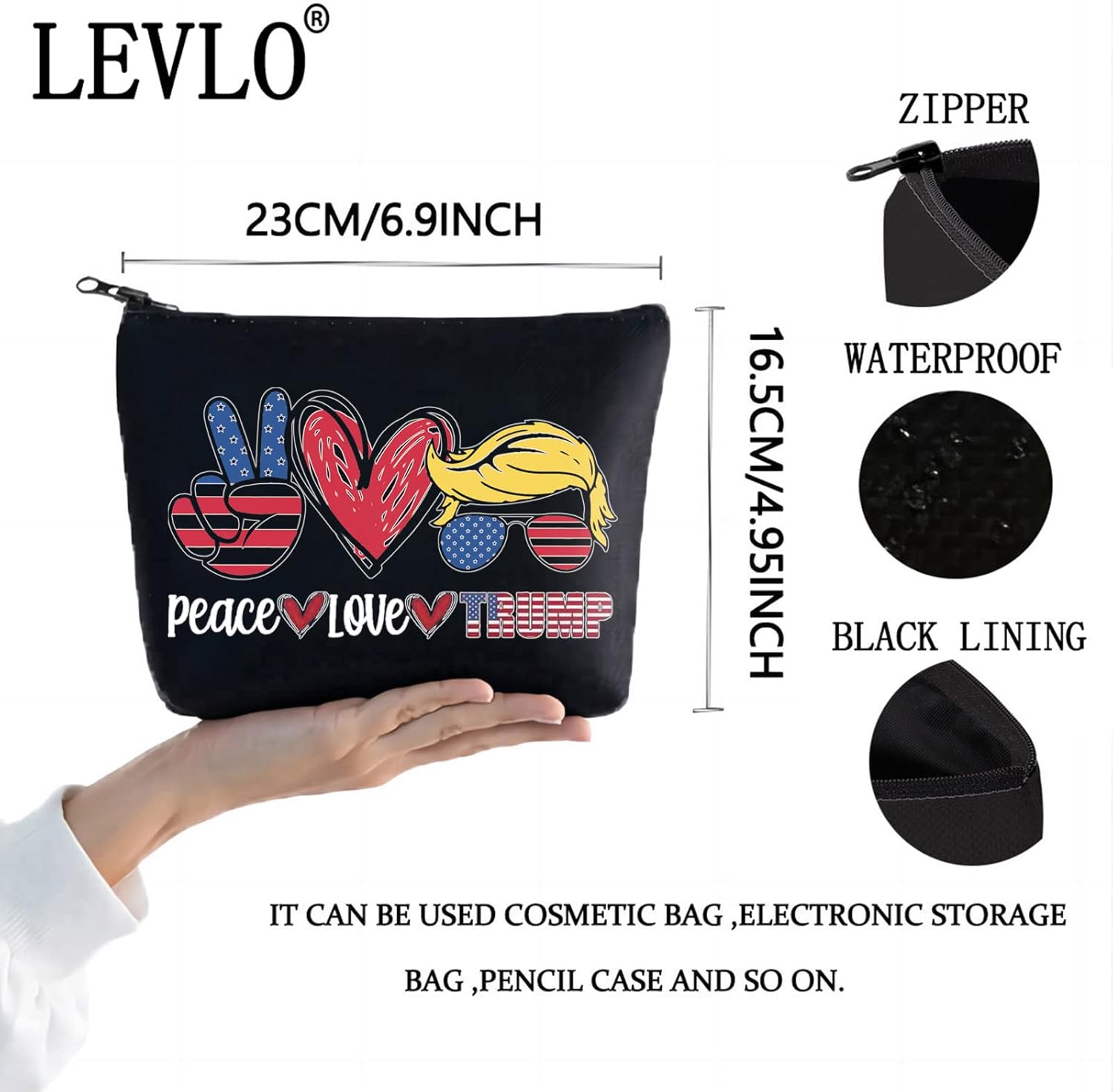 LEVLO Funny Trump Cosmetic Bag Trump 2024 Back Gift Peace Love Trump Makeup Zipper Pouch Bag (Peace Trump Black)-1