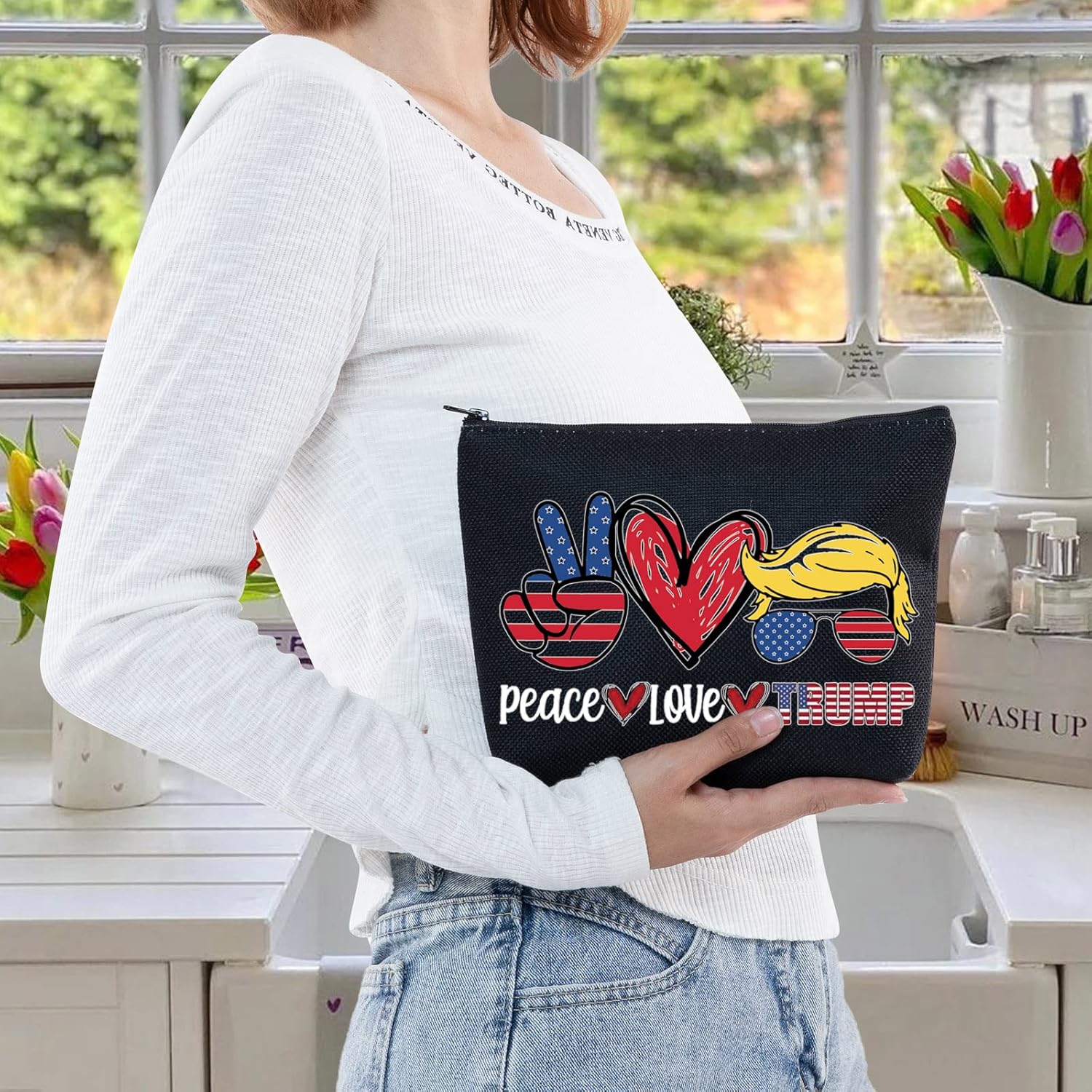 LEVLO Funny Trump Cosmetic Bag Trump 2024 Back Gift Peace Love Trump Makeup Zipper Pouch Bag (Peace Trump Black)-5