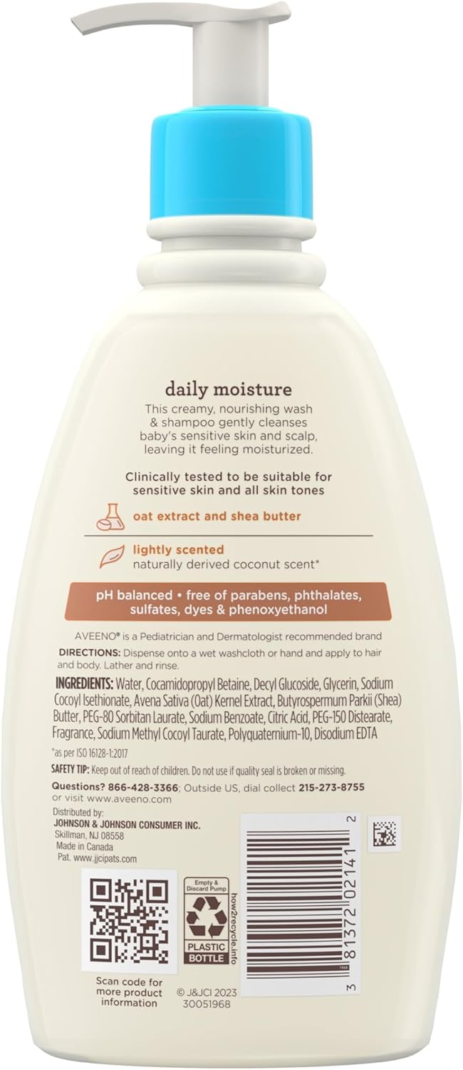 Aveeno Baby Daily Moisturizing 2-in-1 Wash & Shampoo, Baby Body Wash & Shampoo with Shea Butter & Oat Extract Gently Cleanses Baby's Sensitive Skin & Scalp, Gentle Coconut Scent, 12 fl. oz-8