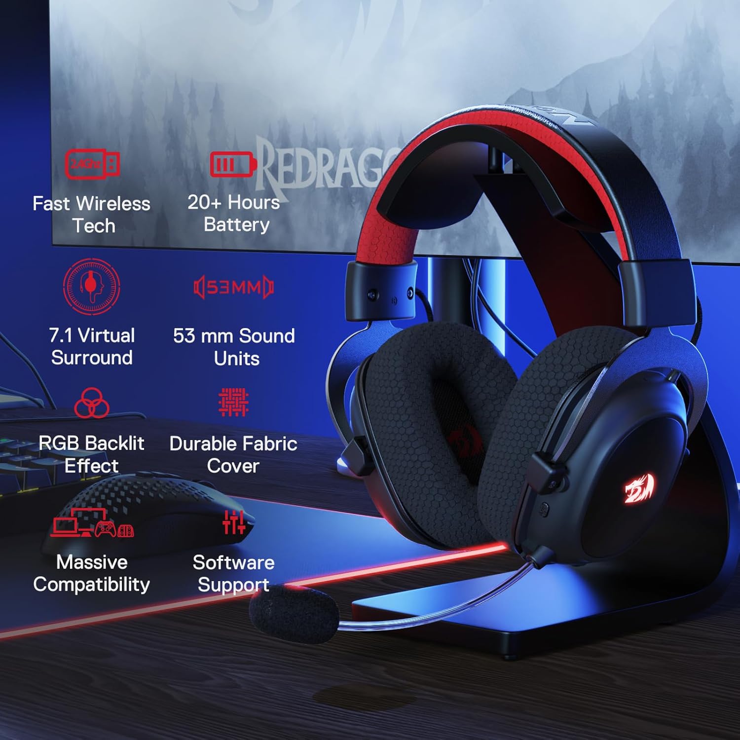 Redragon H510 PRO Zeus-X RGB Wireless Gaming Headset - 7.1 Surround Sound - 53MM Audio Drivers in Memory Foam Ear Pads w/Durable Fabric Cover- Multi Platforms Headphone - USB Powered for PC/PS4/NS-1