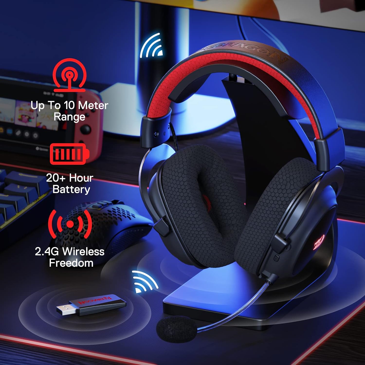 Redragon H510 PRO Zeus-X RGB Wireless Gaming Headset - 7.1 Surround Sound - 53MM Audio Drivers in Memory Foam Ear Pads w/Durable Fabric Cover- Multi Platforms Headphone - USB Powered for PC/PS4/NS-2