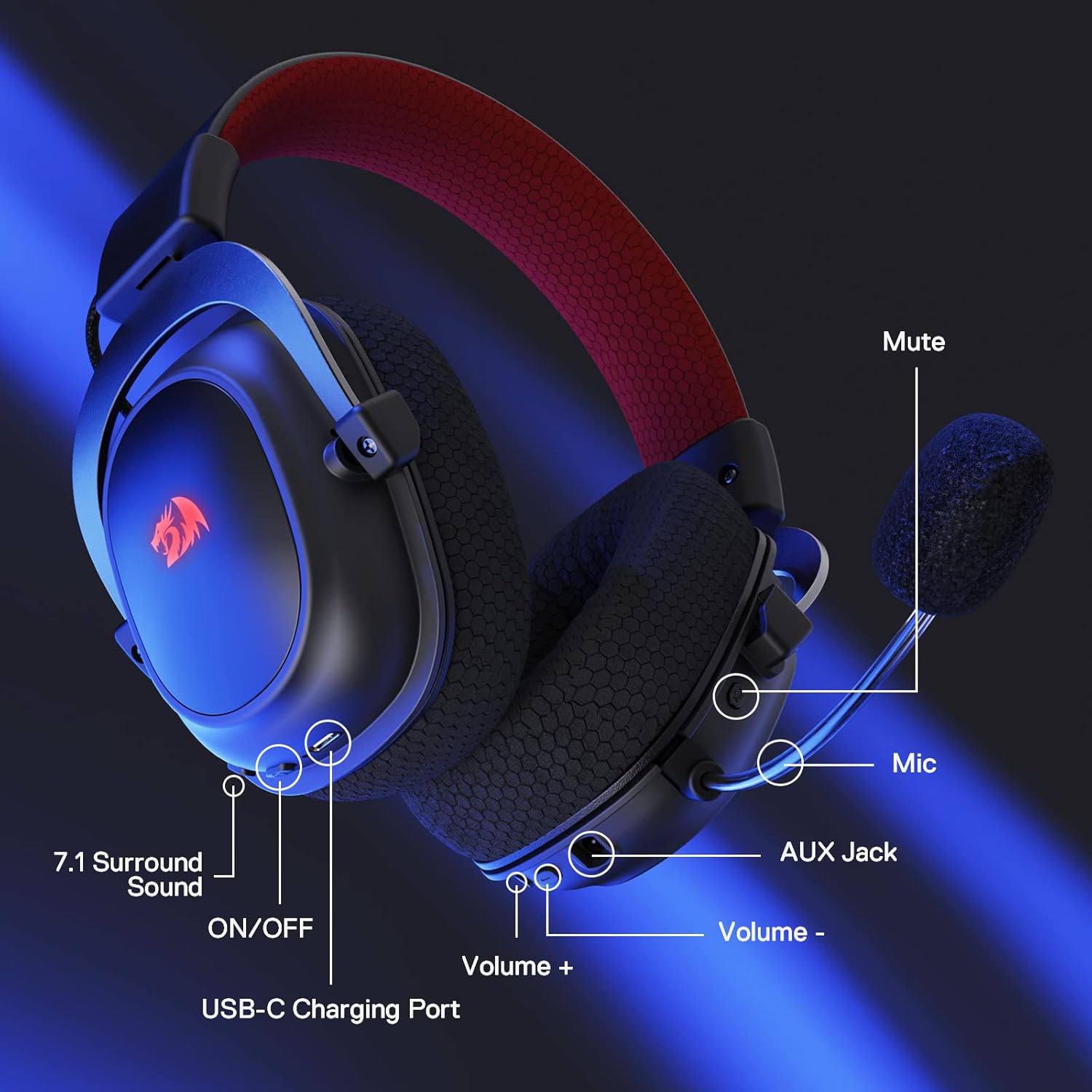 Redragon H510 PRO Zeus-X RGB Wireless Gaming Headset - 7.1 Surround Sound - 53MM Audio Drivers in Memory Foam Ear Pads w/Durable Fabric Cover- Multi Platforms Headphone - USB Powered for PC/PS4/NS-7